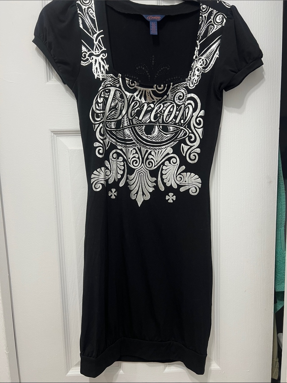 Black Graphic Scoop Neck Dress with silver Print